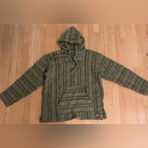 Vintage Baja Hoodie Drug Rug Green Herringbone Surf Hippie Pullover